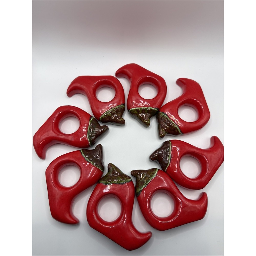Red Chili Peppers Napkin Rings Set of 8 Ceramic Porcelain 3x3.5"